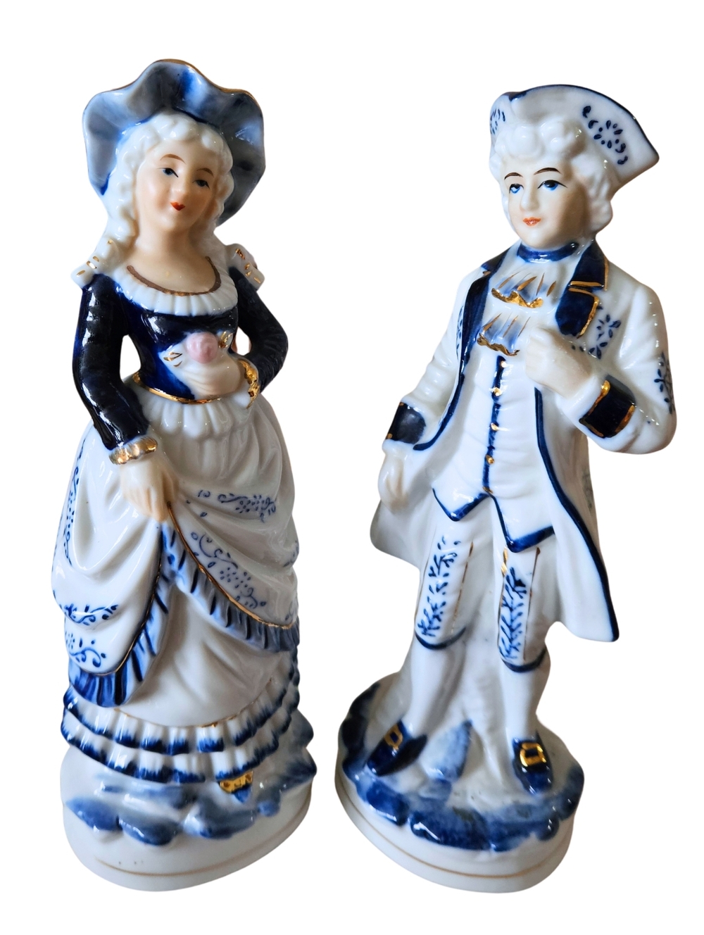 Vintage Made in Japan Porcelain Figurines Pair | Blue & White Colonial Couple